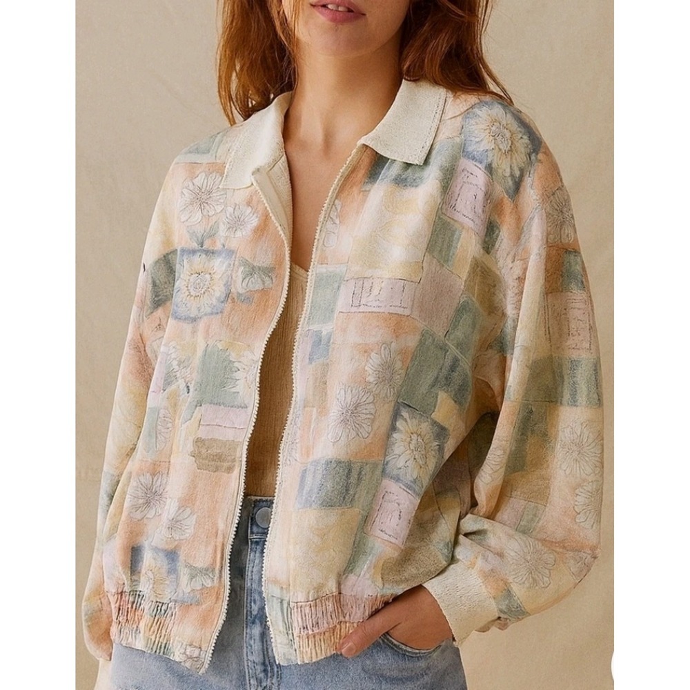 Vintage 80s Teddi Windbreaker Jacket Pastel Floral Zip Up Retro M/L*